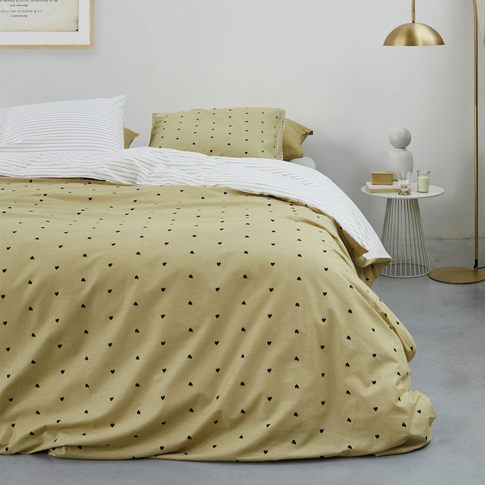 Striped Hearts Yellow Cotton Quilt Cover Set King