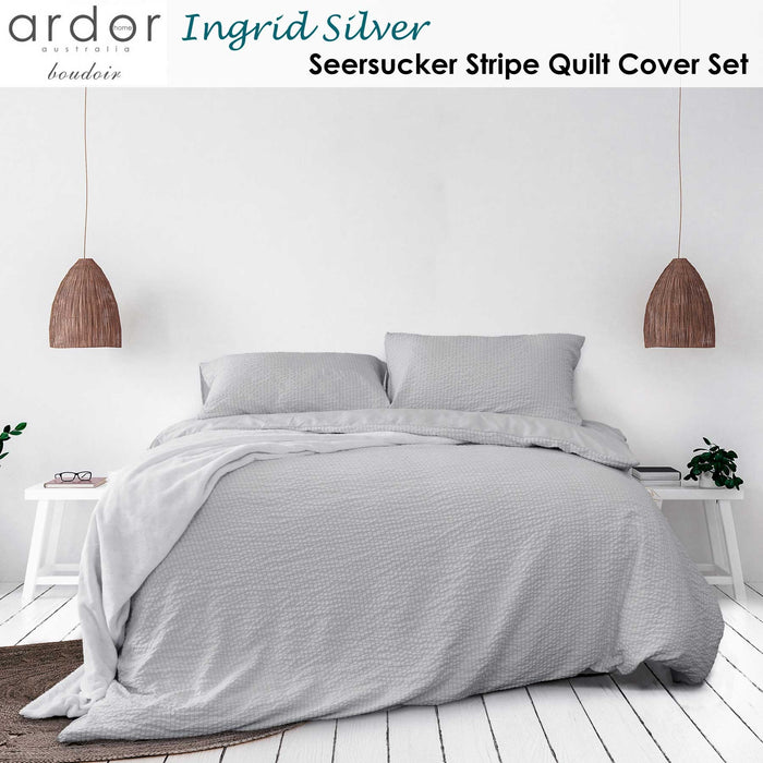 Ingrid Silver Seersucker Stripe Quilt Cover Set King