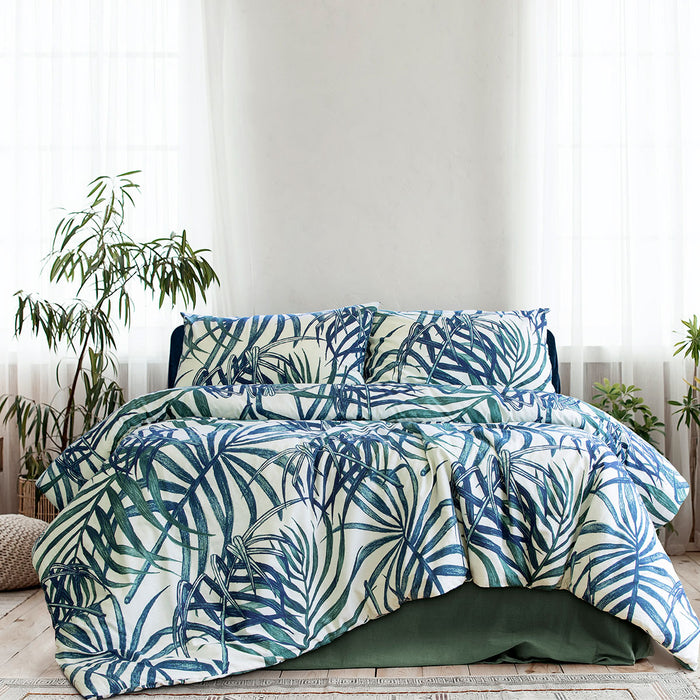 Palms Blue Polyester Cotton Quilt Cover Set King