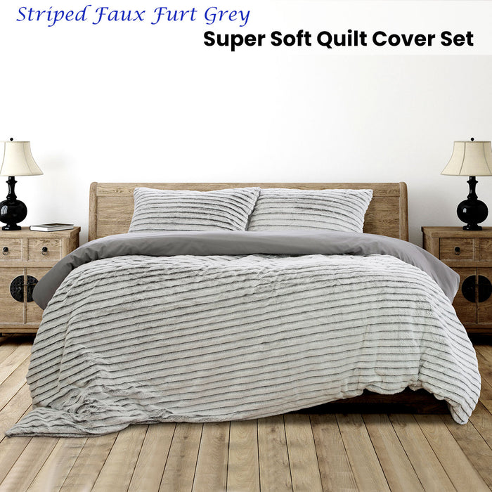 Striped Faux Fur Grey Super Soft Quilt Cover Set King