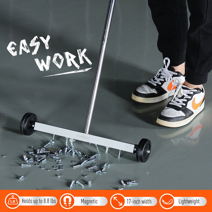 17Inch Telescoping Magnetic Sweeper Magnet Broom Rolling Pick Up 8.8Lbs Portable