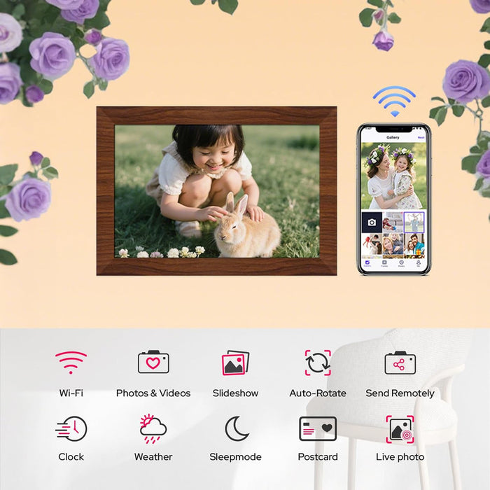10.1 Inch Digital Picture Frame - 1280 * 800 Hd Wifi Enabled With Load From Phone Capability 32Gb Memory Touch Screen Photo Display Brown