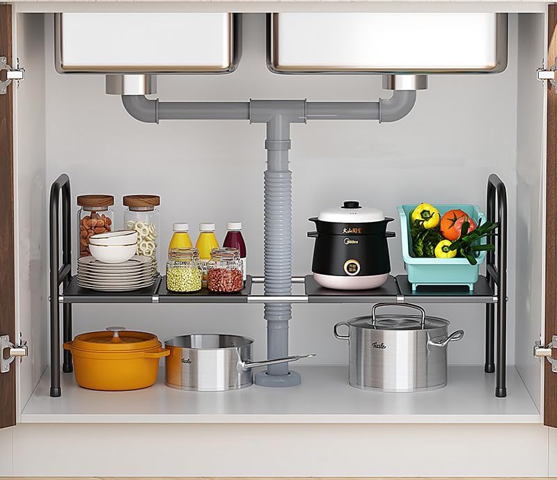 Extendable Storage Rack Under Sink Shelf Kitchen Organizer Black