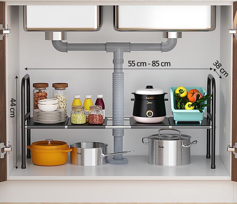 Extendable Storage Rack Under Sink Shelf Kitchen Organizer Black