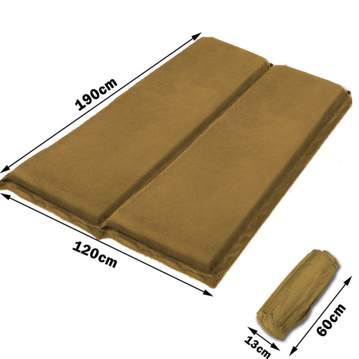 Double Self Inflating Mattress Sleeping Sedue Mat Air Bed Camping Camp Hiking Joinable - Beige