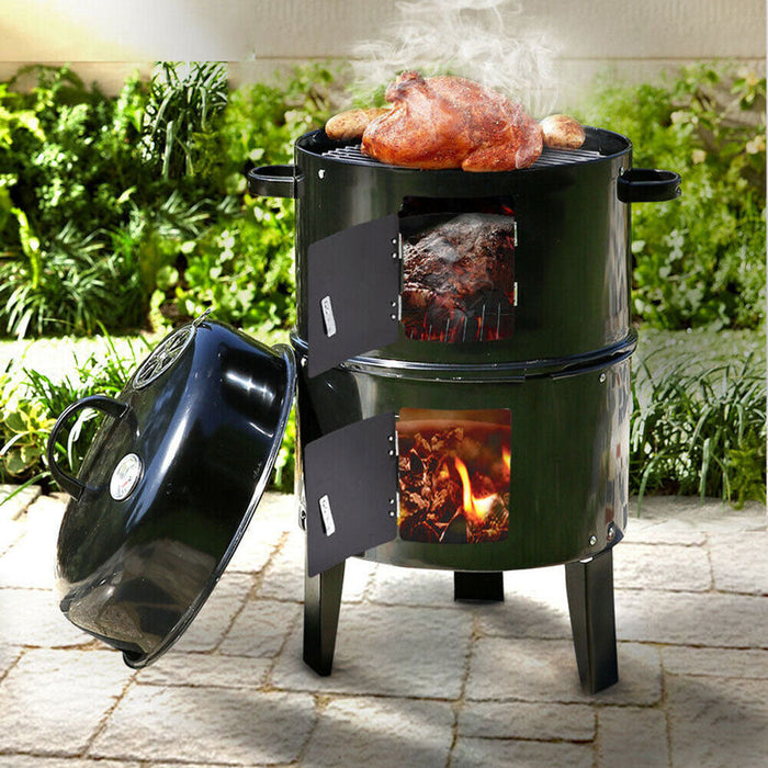 3In1 Portable Charcoal Vertical Smoker Bbq Roaster Grill Steel Water Steamer