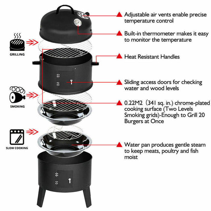 3In1 Portable Charcoal Vertical Smoker Bbq Roaster Grill Steel Water Steamer