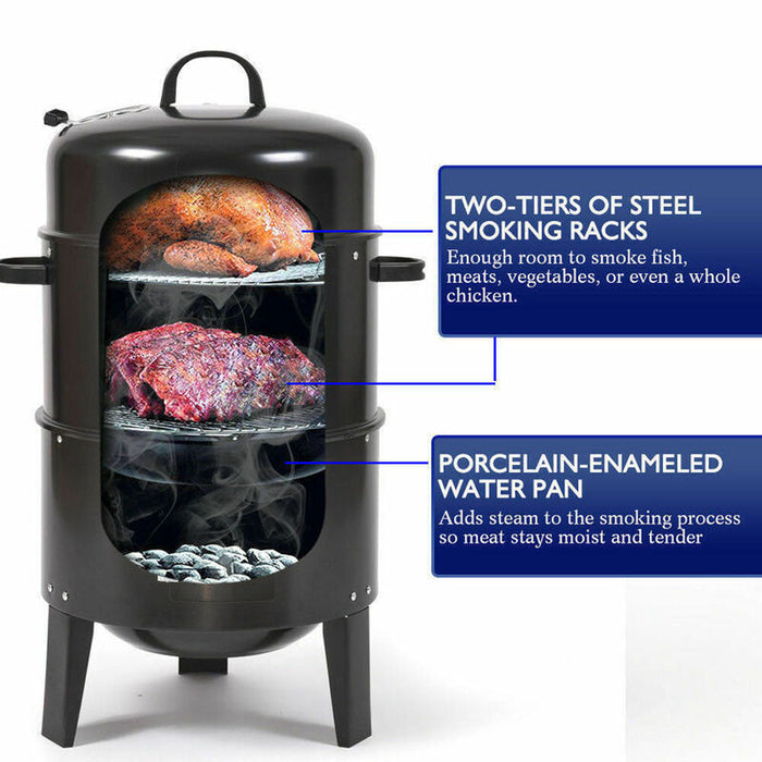 3In1 Portable Charcoal Vertical Smoker Bbq Roaster Grill Steel Water Steamer