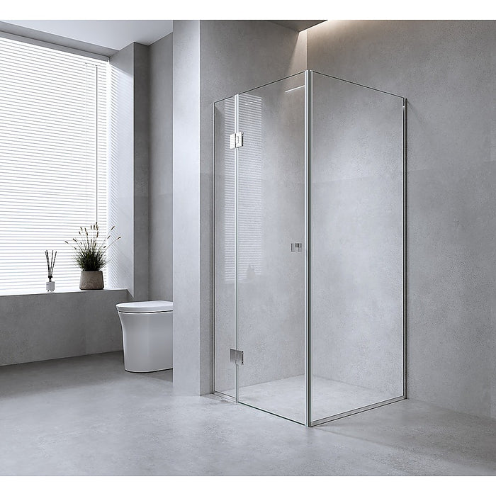 110X80Cm Corner Frameless Shower Screen With Nickel Channel And Ss Hinges Square Double Pull Handle