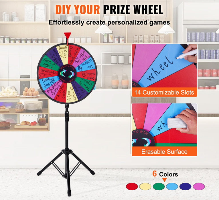 18 Inch Tabletop Color Prize Wheel With Folding Tripod Floor Stand 14 Slots Dry Erase