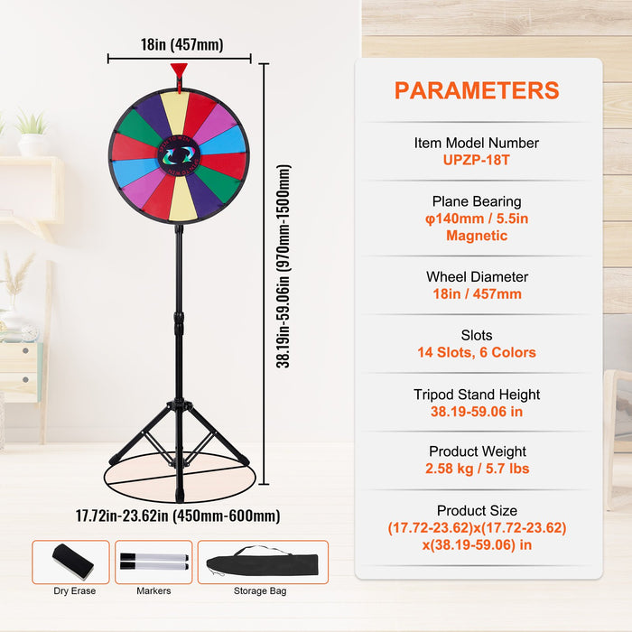 18 Inch Tabletop Color Prize Wheel With Folding Tripod Floor Stand 14 Slots Dry Erase