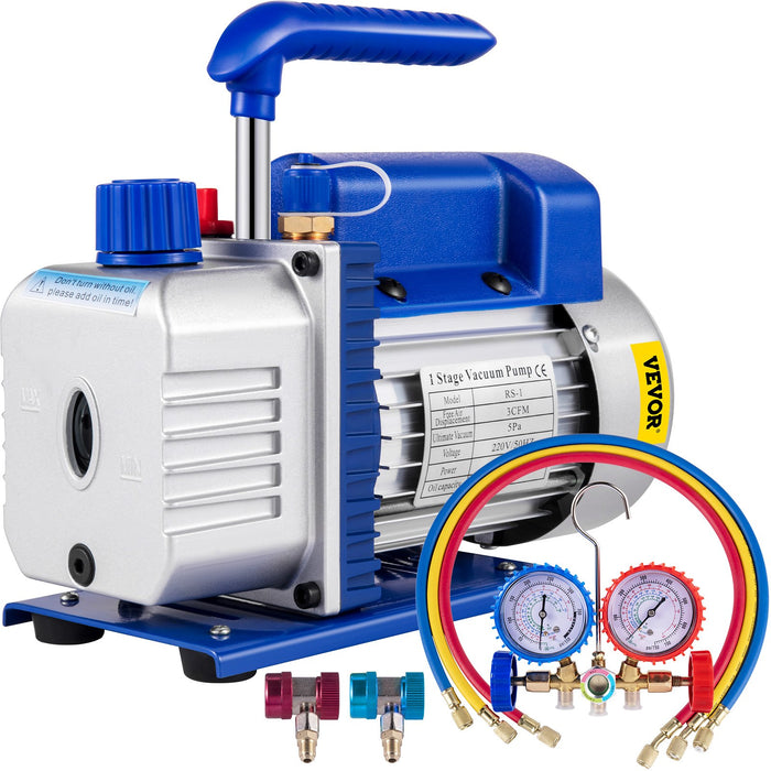 3Cfm 84 L / M 1-Stage Refrigerant Vacuum Pump Refrigeration Gauges A / C Air Conditioning 1440 Rpm 1 / 4 Hp 3 Pcs Hoses 800 Psi Refrigeration Gauges