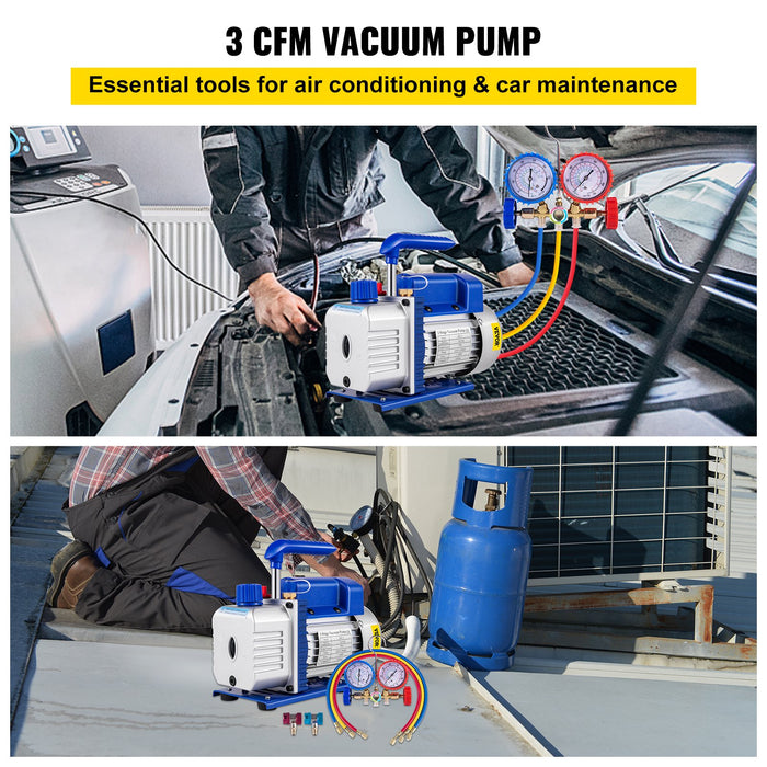 3Cfm 84 L / M 1-Stage Refrigerant Vacuum Pump Refrigeration Gauges A / C Air Conditioning 1440 Rpm 1 / 4 Hp 3 Pcs Hoses 800 Psi Refrigeration Gauges