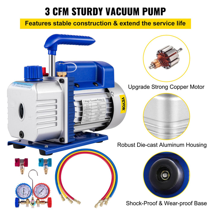 3Cfm 84 L / M 1-Stage Refrigerant Vacuum Pump Refrigeration Gauges A / C Air Conditioning 1440 Rpm 1 / 4 Hp 3 Pcs Hoses 800 Psi Refrigeration Gauges