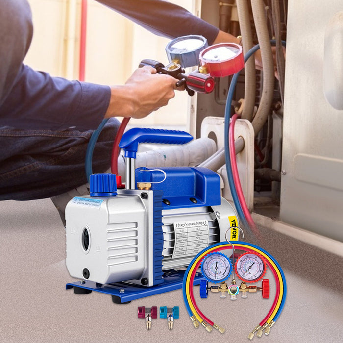 3Cfm 84 L / M 1-Stage Refrigerant Vacuum Pump Refrigeration Gauges A / C Air Conditioning 1440 Rpm 1 / 4 Hp 3 Pcs Hoses 800 Psi Refrigeration Gauges