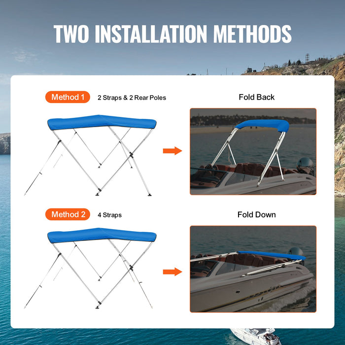 3 Bow Bimini Top Boat Cover 900D Polyester Canopy With 1" Aluminum Alloy Frame Waterproof And Sun Shade Includes Storage Boot 2 Support Poles 4 Straps 6'L X 46"H X 61"-66"W Pacific Blue