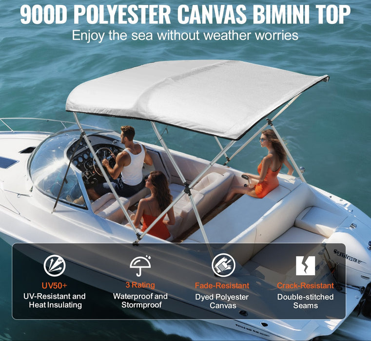 3 Bow Bimini Top Boat Cover 900D Polyester Canopy With 1" Aluminum Alloy Frame Waterproof And Sun Shade Includes Storage Boot 2 Support Poles 4 Straps 6'L X 46"H X 67"-72"W Light Grey