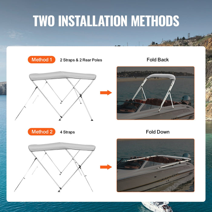 3 Bow Bimini Top Boat Cover 900D Polyester Canopy With 1" Aluminum Alloy Frame Waterproof And Sun Shade Includes Storage Boot 2 Support Poles 4 Straps 6'L X 46"H X 67"-72"W Light Grey