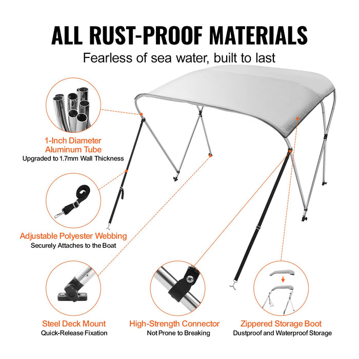3 Bow Bimini Top Boat Cover 900D Polyester Canopy With 1" Aluminum Alloy Frame Waterproof And Sun Shade Includes Storage Boot 2 Support Poles 4 Straps 6'L X 46"H X 67"-72"W Light Grey