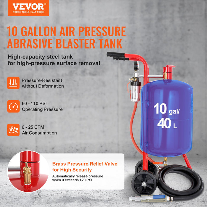 10Gal / 40L Sandblaster Equipped W / Nozzle Shut-Off Valve Pressure Gauge Ceramic Nozzle Rubber Wheels Grit Power Sand Blasters Portable Sandblasting Equipment