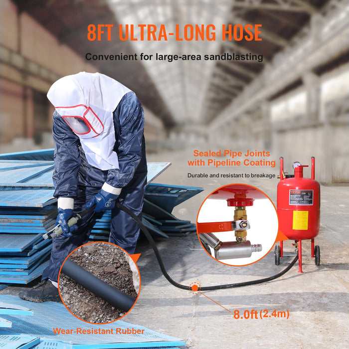 10Gal / 40L Sandblaster Equipped W / Nozzle Shut-Off Valve Pressure Gauge Ceramic Nozzle Rubber Wheels Grit Power Sand Blasters Portable Sandblasting Equipment