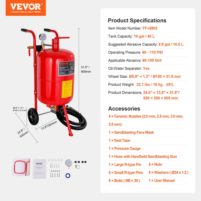 10Gal / 40L Sandblaster Equipped W / Nozzle Shut-Off Valve Pressure Gauge Ceramic Nozzle Rubber Wheels Grit Power Sand Blasters Portable Sandblasting Equipment