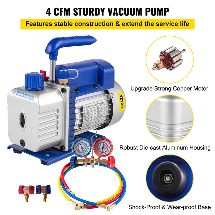 4Cfm 1 / 4Hp Rotary Vane Vacuum Pump + R134Amanifold Gauge Tester Charging +Hose