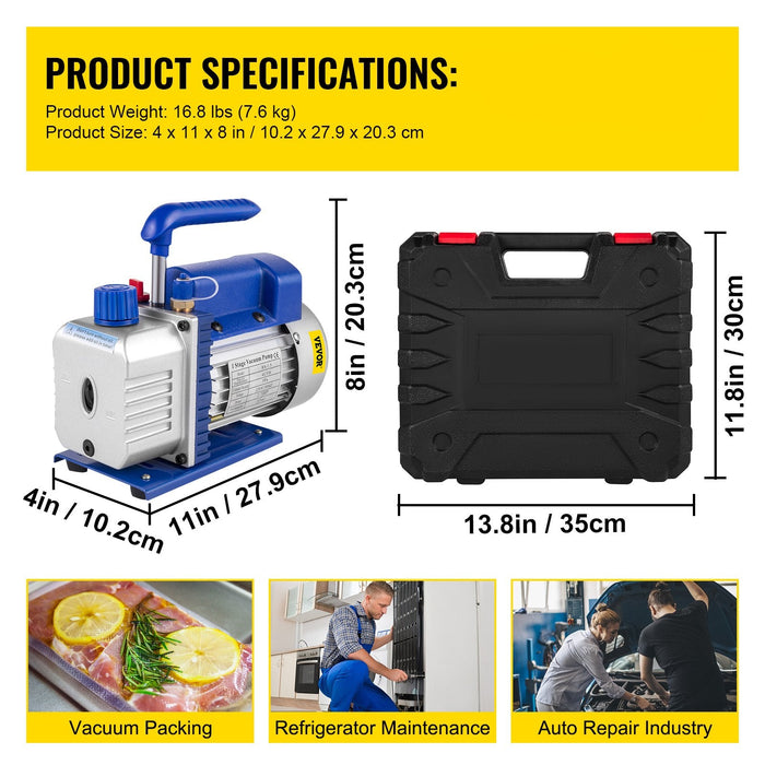 4Cfm 1 / 4Hp Rotary Vane Vacuum Pump + R134Amanifold Gauge Tester Charging +Hose