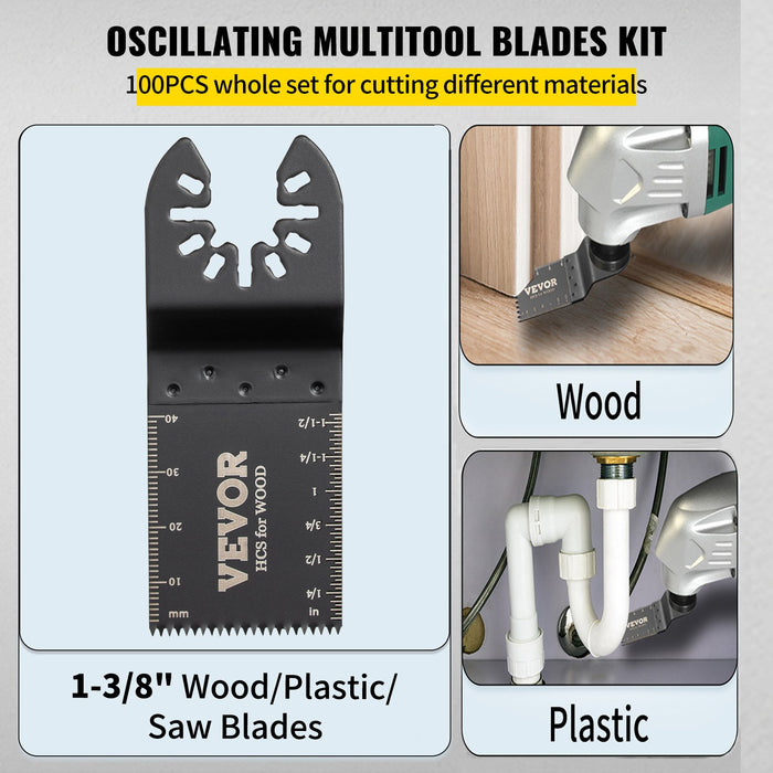 100Pcs Oscillating Saw Blades Quick Release Multitool Blades Kit Hcs Tool Blades For Wood Plastic Compatible With Dewalt Dremel Fein Worx Bosch Makita Milwaukee