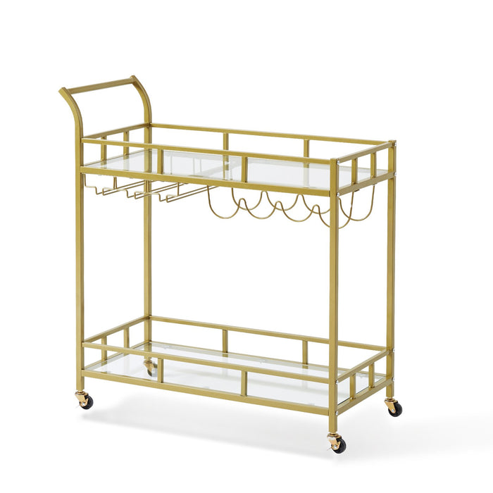 2 Tiers Gold Metal Bar Serving Cart With Wine Rack Glass Holder 120 Lbs