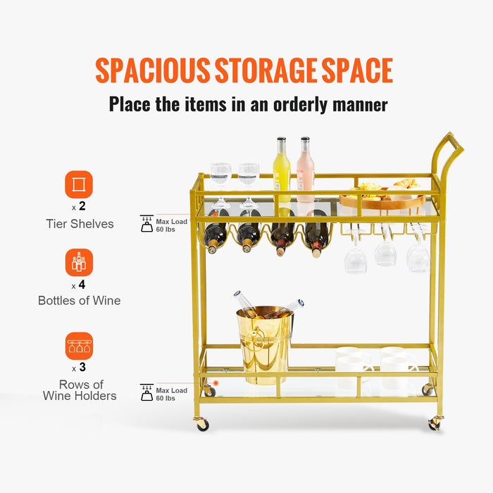 2 Tiers Gold Metal Bar Serving Cart With Wine Rack Glass Holder 120 Lbs