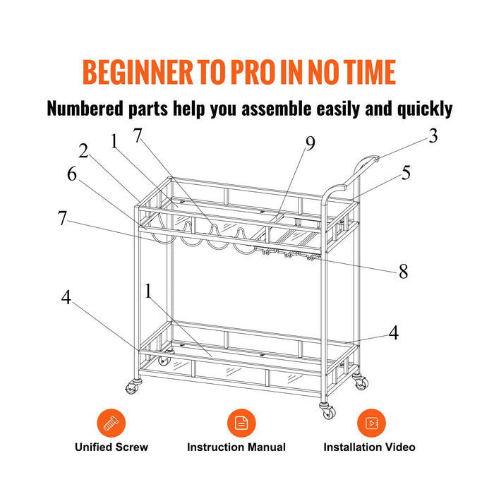2 Tiers Gold Metal Bar Serving Cart With Wine Rack Glass Holder 120 Lbs