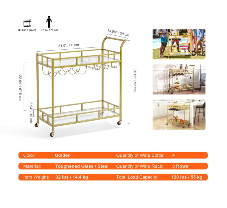 2 Tiers Gold Metal Bar Serving Cart With Wine Rack Glass Holder 120 Lbs