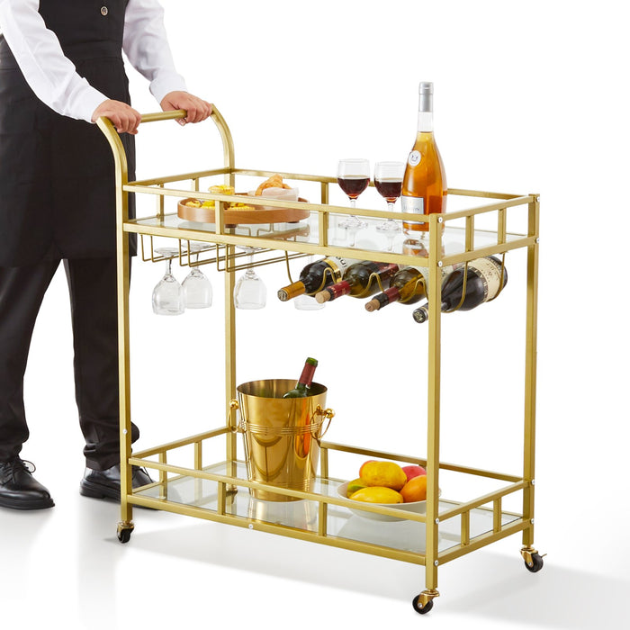 2 Tiers Gold Metal Bar Serving Cart With Wine Rack Glass Holder 120 Lbs