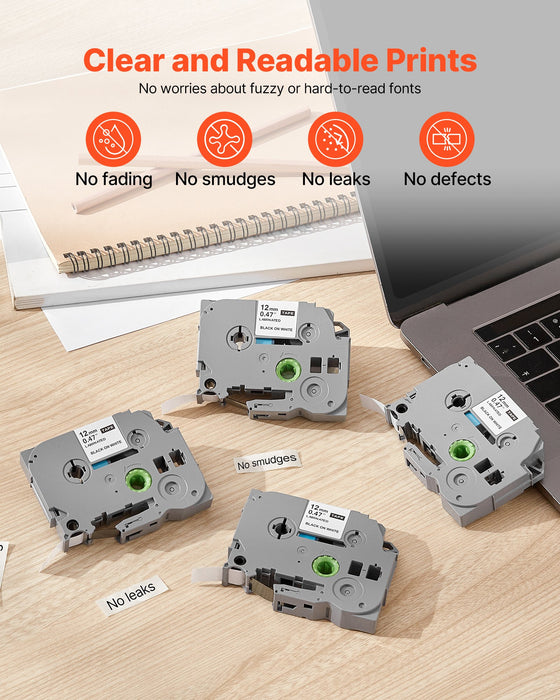 Label Maker Tape 4 Pack 0.47 In / 12 Mm Black On White Label Maker Refills Compatible For Various Types Of Brother P-Touch Labelers Durable & Long-Lasting Replacement For Letra Tag Tze-231