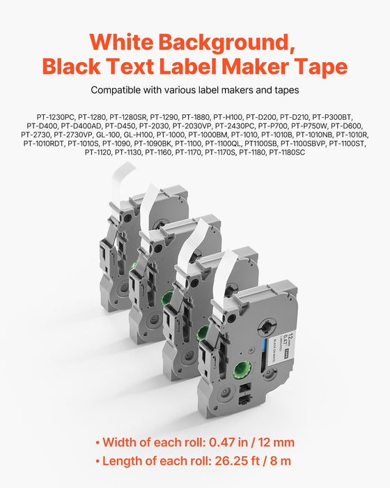Label Maker Tape 4 Pack 0.47 In / 12 Mm Black On White Label Maker Refills Compatible For Various Types Of Brother P-Touch Labelers Durable & Long-Lasting Replacement For Letra Tag Tze-231