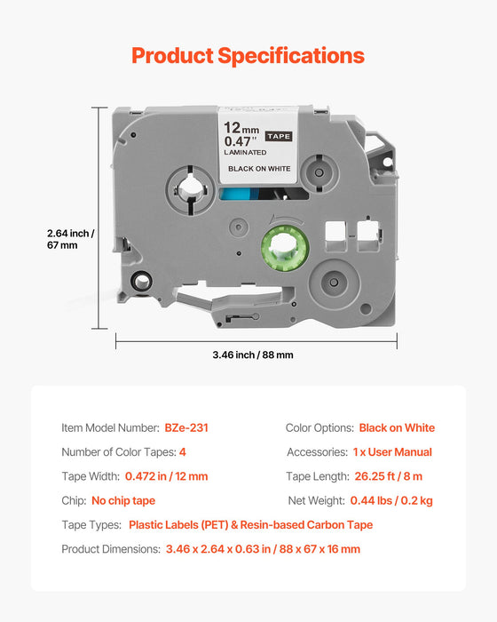 Label Maker Tape 4 Pack 0.47 In / 12 Mm Black On White Label Maker Refills Compatible For Various Types Of Brother P-Touch Labelers Durable & Long-Lasting Replacement For Letra Tag Tze-231