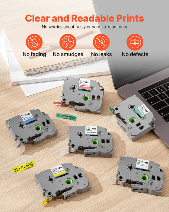 Label Maker Tape 6 Pack 0.47 In / 12 Mm Coloured Label Maker Refills Compatible For Various Types Of Brother P-Touch Replacement For Letra Tag Tze-131 Tze-231 Tze-431 Tze-531 Tze-631 Tze-731