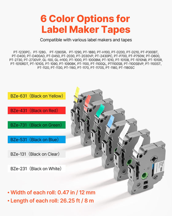 Label Maker Tape 6 Pack 0.47 In / 12 Mm Coloured Label Maker Refills Compatible For Various Types Of Brother P-Touch Replacement For Letra Tag Tze-131 Tze-231 Tze-431 Tze-531 Tze-631 Tze-731