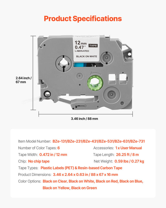 Label Maker Tape 6 Pack 0.47 In / 12 Mm Coloured Label Maker Refills Compatible For Various Types Of Brother P-Touch Replacement For Letra Tag Tze-131 Tze-231 Tze-431 Tze-531 Tze-631 Tze-731