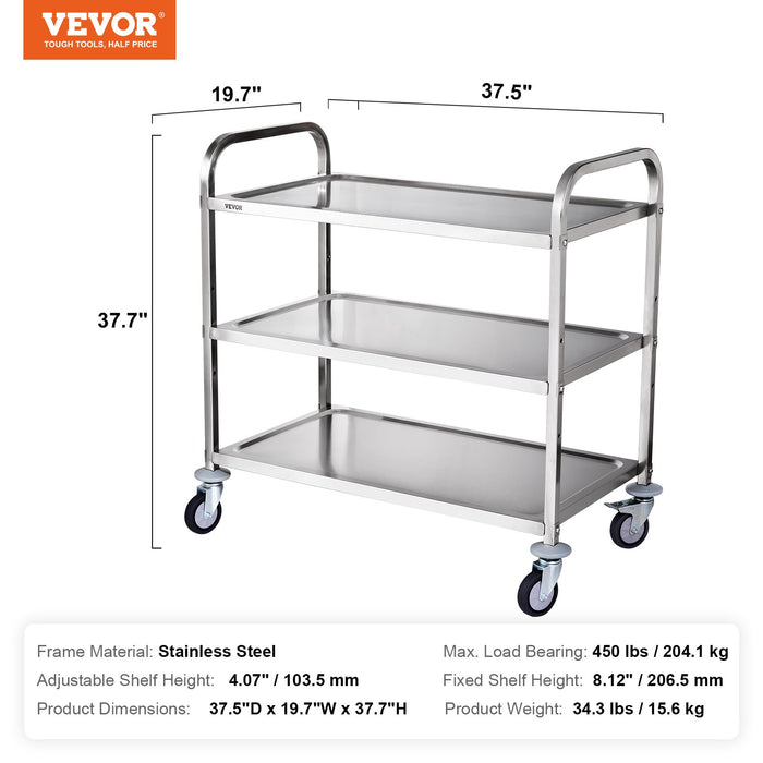 3-Tier Utility Cart Rolling Cart On Wheels 37.5"X20"X37.7" 450 Lbs 6 Hooks
