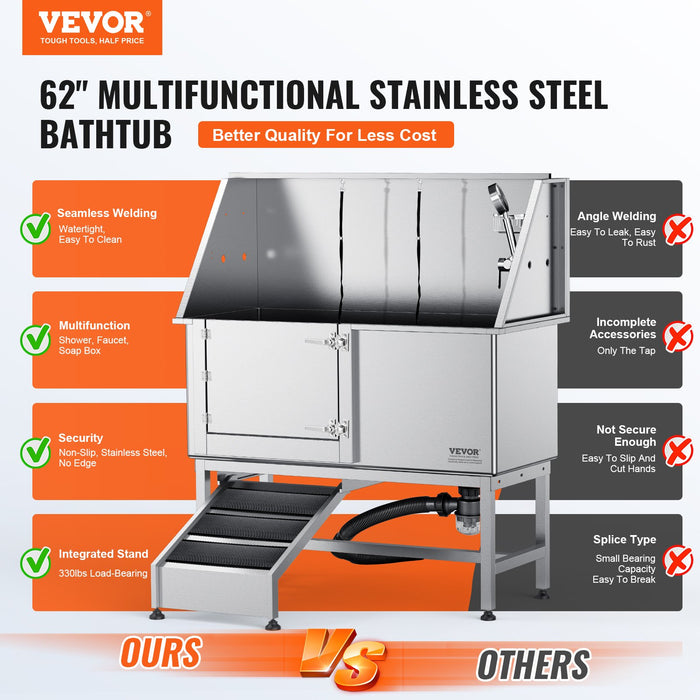 1.57M Pet Dog Bathing Station W / Ramp Professional Stainless Steel Dog Grooming Tub W / Soap Box Faucet Rich Accessory Bathtub For Large Medium Small Pets Washing Sink For Home Left