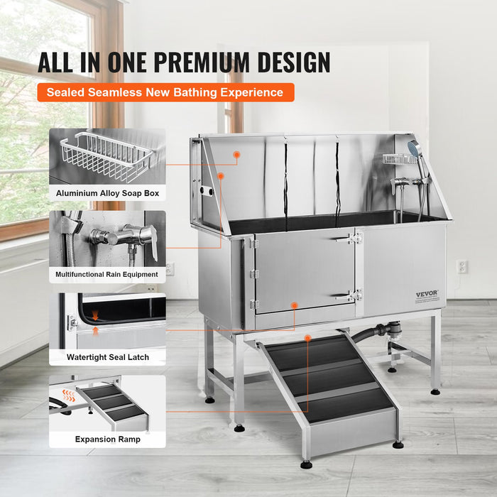 1.57M Pet Dog Bathing Station W / Ramp Professional Stainless Steel Dog Grooming Tub W / Soap Box Faucet Rich Accessory Bathtub For Large Medium Small Pets Washing Sink For Home Left