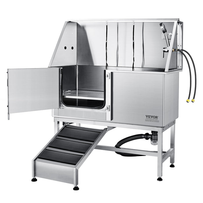 1.57M Pet Dog Bathing Station W / Ramp Professional Stainless Steel Dog Grooming Tub W / Soap Box Faucet Rich Accessory Bathtub For Large Medium Small Pets Washing Sink For Home Left