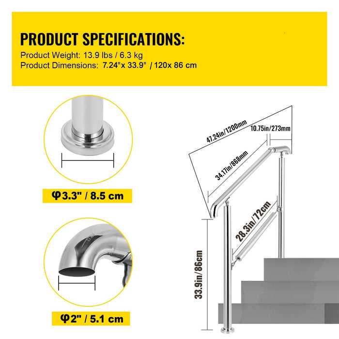 3 Step Railing Stainless Steel Transitional Handrail Fit For Level Surface And 1 To 3 Steps Adjustable Stair Railing Indoor Outdoor Step Railings 220Lb Capacity W / Installation Kit Porch Diy