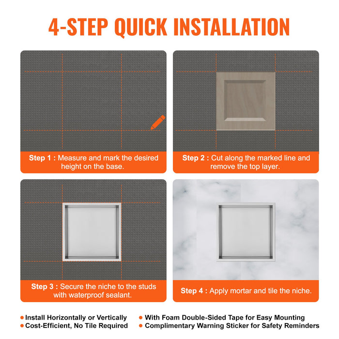 33.02 X 33.02 Cm No Tile Shower Niche 304 Stainless Steel Wall-Inserted Niche Recessed Double Shelves Sealed Waterproof Rust-Resistant Modern Niche For Shower Bathroom Soap Storage Silver