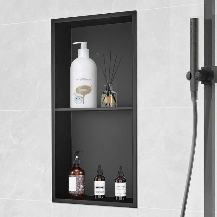 33.02 X 63.5 Cm No Tile Shower Niche 304 Stainless Steel Wall-Inserted Niche Recessed Double Shelves Sealed Waterproof Rust-Resistant Modern Niche For Shower Or Soap Storage Bathroom