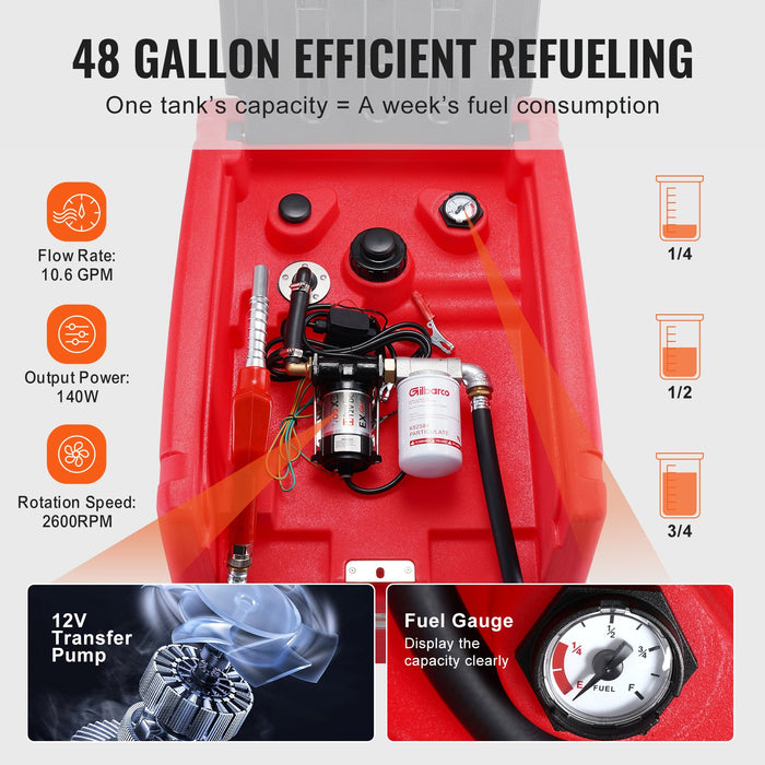 Portable Diesel & Gasoline Tank 182L 10.6 Gpm Flow Rate Diesel Fuel Tank With Electric Transfer Pump 4 M Hose Auto Fueling Nozzle Diesel Transfer Tank For Easy Fuel Transportation Red