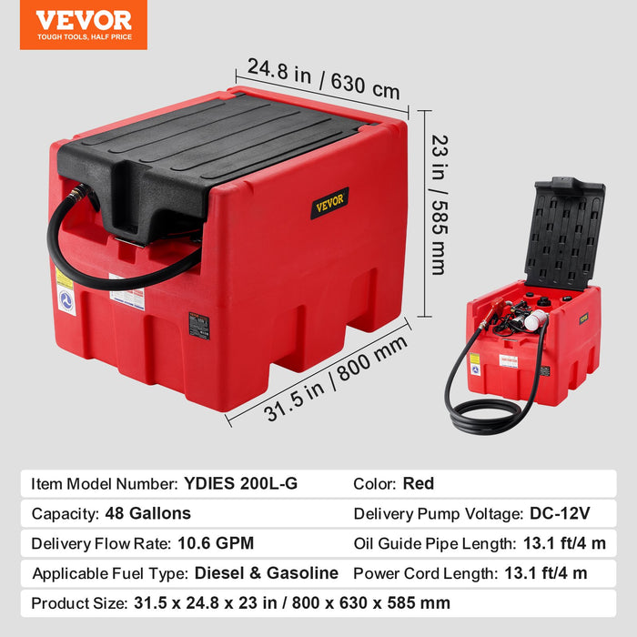 Portable Diesel & Gasoline Tank 182L 10.6 Gpm Flow Rate Diesel Fuel Tank With Electric Transfer Pump 4 M Hose Auto Fueling Nozzle Diesel Transfer Tank For Easy Fuel Transportation Red