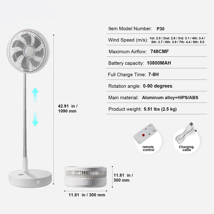 12 Inch Foldable Oscillating Standing Fan With Remote Control 4 Speed Adjustable Portable Desk Quiet Fan 7200Mah Rechargeable Usb Small Fan Folded Rotating Floor Fan For Bedroom Office Travel